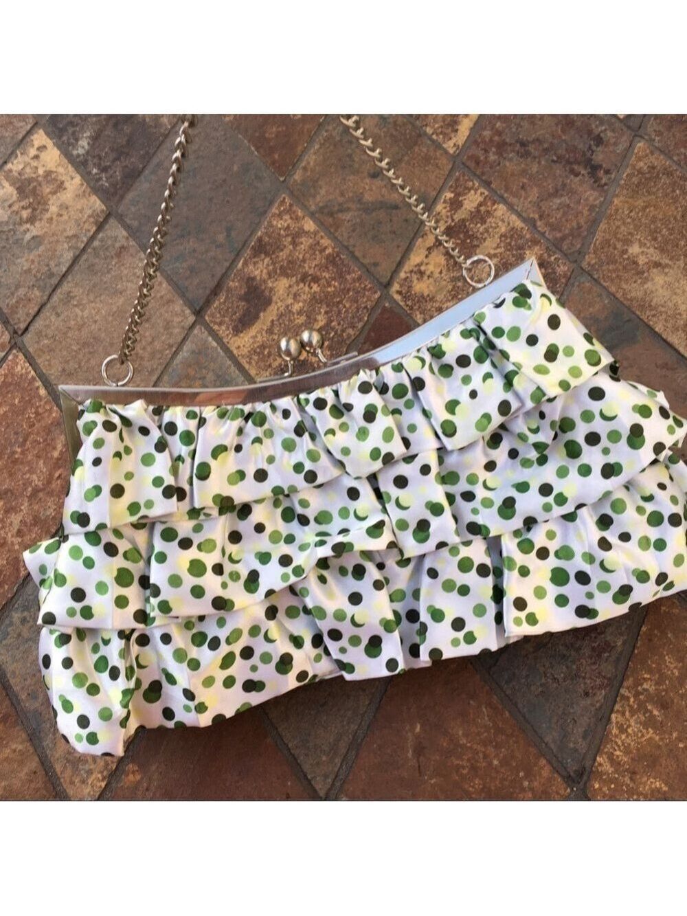 Green Polkadot Kiss Clasp Ruffled Clutch NWOT